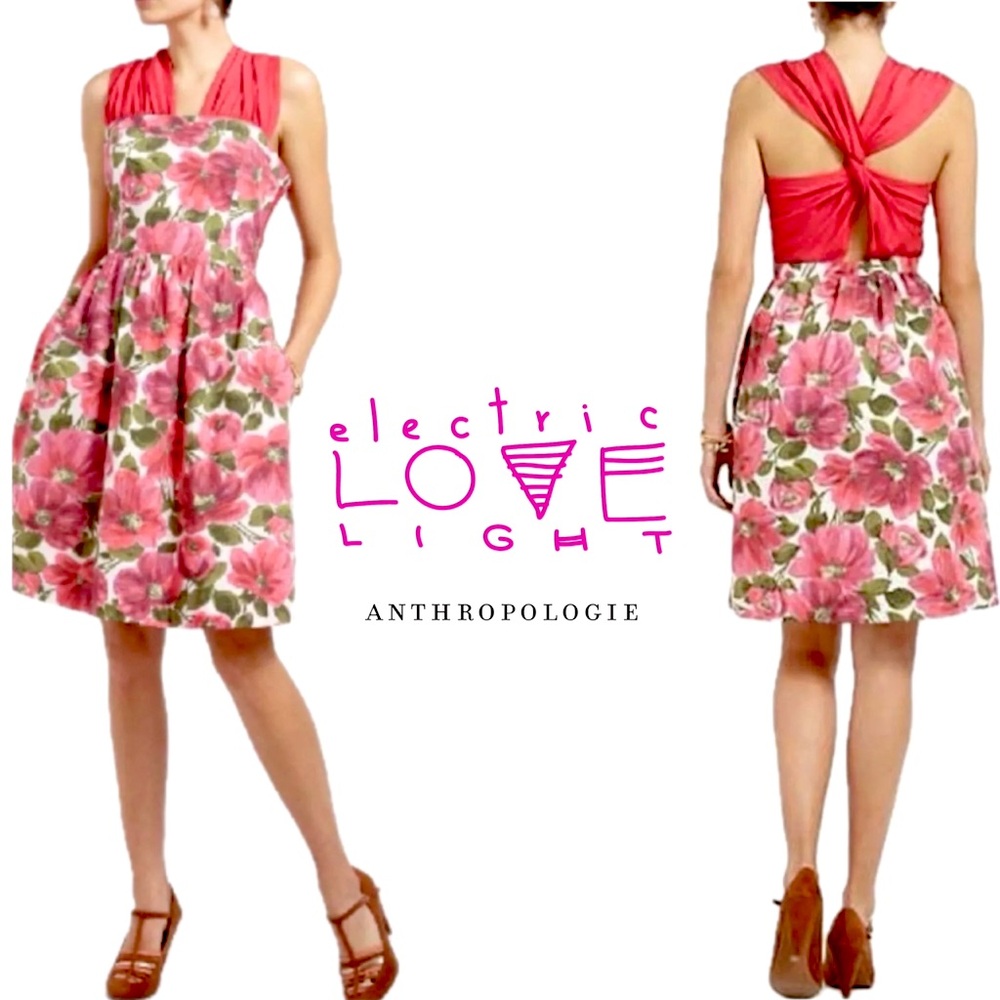 Anthropologie Electric LOVE Light Pink Green Floral Sleeveless Tulle Silk Dress